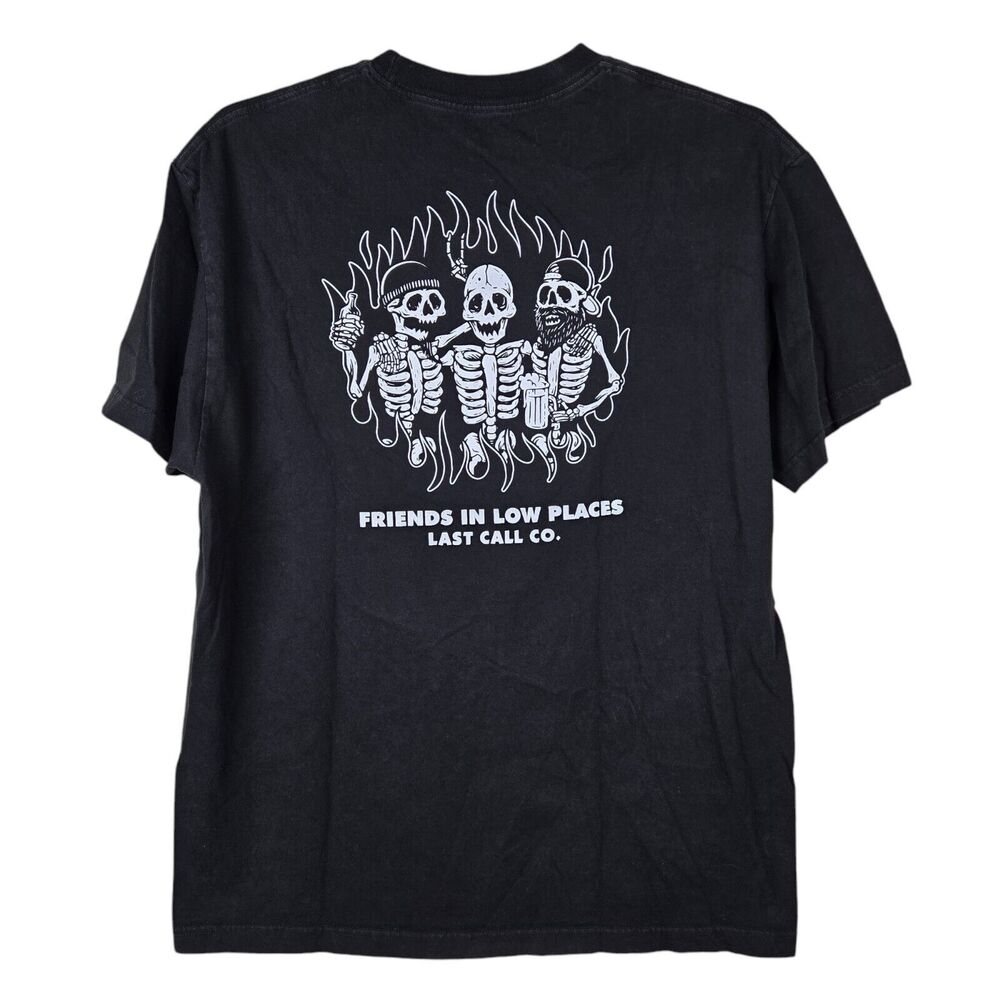 Last Call Co Friends In Low Places Black T-Shirt Men's Sz XL Skeleton Flames